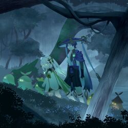 Rule 34 | 1boy, 1girl, aqua gemstone, aranara (genshin impact), arm at side, armlet, armor, arms at sides, belt, black belt, black bodysuit, black bow, black bridal gauntlets, black hair, black leggings, black shorts, bloomers, blue cape, blue hat, blue kimono, blue sleeves, blunt ends, bodysuit, bow, bridal gauntlets, bush, cape, caramelo game, clenched hand, closed mouth, colored tips, cross-shaped pupils, detached sleeves, dress, expressionless, feathers, forest, furisode, gem, genshin impact, glowing, glowing eyes, glowing gem, glowing hair, gold, gradient hair, green cape, green eyes, green hair, green pupils, green sleeves, hair ornament, hakama, hakama shorts, hat, highres, japanese armor, japanese clothes, jewelry, jingasa, juban, kimono, kote, kurokote, layered sleeves, leaf, leaf hair ornament, leg warmers, leggings, long hair, looking at viewer, mandarin collar, mid-stride, multicolored hair, nahida (genshin impact), nature, open clothes, open kimono, outdoors, overcast, plant, pleated shorts, pom pom (clothes), purple eyes, purple rope, purple sash, rope, sash, scaramouche (genshin impact), short sleeves, shorts, side ponytail, sidelocks, sky, symbol-shaped pupils, tassel, tree, underwear, vines, vision (genshin impact), wanderer (genshin impact), white bloomers, white dress, white hair, white kimono, white leg warmers, white sleeves, yellow feathers