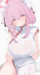 1girl absurdres blue_archive blush breasts bun_cover china_dress chinese_clothes commentary_request double_bun dress hair_bun halo highres large_breasts long_hair looking_at_viewer nui_(nuinui0300) official_alternate_costume pink_eyes pink_hair pink_halo smile solo sweat tomoe_(blue_archive) tomoe_(qipao)_(blue_archive) translation_request white_background white_dress