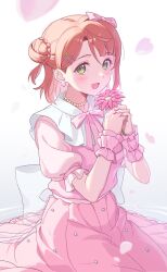 1girl bead_necklace beads bilingual_commentary blush bow braid braided_bun bun_with_braided_base commentary_request dream_with_you_(love_live!) dress falling_petals flower green_eyes hair_bow hair_bun hair_ornament hairclip highres holding holding_flower huge_bow jewelry korean_commentary looking_at_viewer love_live! love_live!_nijigasaki_high_school_idol_club medium_hair meobbab2 mixed-language_commentary neck_ribbon necklace official_alternate_costume open_mouth pearl_necklace petals pink_bow pink_dress pink_hair ribbon single_side_bun smile solo transparent_bow uehara_ayumu wrist_cuffs