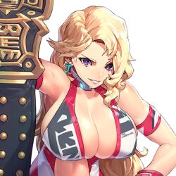 Rule 34 | 1girl, armband, armpits, bare shoulders, belt, blonde hair, breasts, championship belt, character name, cleavage, clenched teeth, covered erect nipples, earrings, female focus, forehead, game cg, grin, hanging breasts, holding, huge breasts, jewelry, last origin, long hair, looking at viewer, mar10, official art, parted lips, purple eyes, rena the champion, skindentation, smile, sweat, sweatdrop, teeth, toned, toned female, transparent background, upper body, wrestling outfit