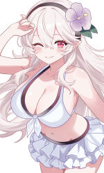 1girl absurdres arm_up armpit_crease bare_arms bare_shoulders bikini bikini_skirt breasts cleavage closed_mouth commentary_request cowboy_shot female_corrin_(fire_emblem) female_corrin_(novice_vacationer)_(fire_emblem) fire_emblem fire_emblem_fates fire_emblem_heroes flower front-tie_bikini_top front-tie_top hair_flower hair_ornament hairband halterneck highres large_breasts layered_skirt long_hair looking_at_viewer n_54 navel nintendo official_alternate_costume one_eye_closed pointy_ears red_eyes skirt smile solo standing stomach swimsuit very_long_hair white_bikini white_hair white_skirt