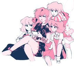 4girls arm_on_own_head cellphone cirno clownpiece crossed_arms crossed_legs fairy_wings flat_color himemushi_momoyo hood hoodie ice ice_wings looking_at_phone mullet multiple_girls patterned_clothing phone pink_theme pixie_(milkywaypixies) playing_games print_hoodie rumia smartphone touhou v_arms watching white_background wings