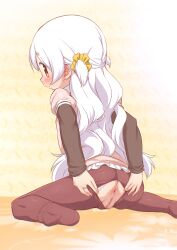 1girl abutomato anus blush clothing_aside from_behind highres loli long_hair looking_at_viewer mahou_shoujo_madoka_magica momoe_nagisa panties panties_aside pantyhose pussy sketch sweat torn_clothes torn_pantyhose underwear white_hair
