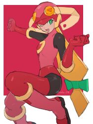 1girl ;d arm_up black_bodysuit blonde_hair bodysuit bow gloves green_bow green_eyes helmet highres long_hair looking_at_viewer low-tied_long_hair mega_man_(series) mega_man_battle_network_(series) one_eye_closed open_mouth pink_bodysuit pink_gloves roll.exe_(mega_man) smile solo twitter_username vani_(hisha_04) very_long_hair