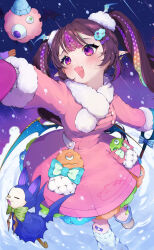 1girl absurdres bandaid bow brown_hair coat commentary_request gradient_hair hair_ornament hairclip highres ira_n long_hair monster_strike multicolored_hair nightmare_(monster_strike) open_mouth polka_dot polka_dot_hair purple_eyes purple_hair twintails winter_clothes winter_coat winter_gloves