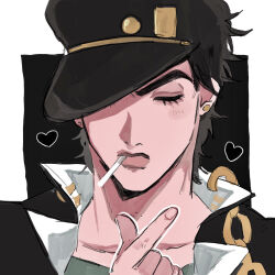 Rule 34 | 1boy, black background, black hair, black hat, black jacket, black theme, chain, cigarette, closed eyes, drawn heart, earrings, finger heart, gakuran, gold chain, gold earrings, green shirt, hat, heart, highres, jacket, jewelry, jojo no kimyou na bouken, kuujou joutarou, male focus, matubaru chan, open clothes, open jacket, portrait, school hat, school uniform, shirt, smoking, solo, stardust crusaders, stud earrings