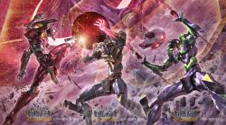 at_field battle_spirits copyright_name eva_00 eva_01 eva_02 evangelion:_2.0_you_can_(not)_advance glowing glowing_eyes glowing_hand green_eyes head_tilt horns kicking kneeing logo looking_down looking_up mecha mecha_focus morishita_naochika neon_genesis_evangelion no_humans official_art open_hands orange_eyes orb rebuild_of_evangelion red_eyes robot science_fiction single_horn sparks