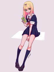 1girl black_serafuku black_skirt black_socks blonde_hair blunt_bangs drinking_straw fang full_body green_eyes hair_ribbon highres holding_juice_box juice_box kantai_collection kneehighs kusomisoni loafers long_hair looking_at_viewer neckerchief pleated_skirt red_neckerchief ribbon sailor_collar school_uniform serafuku shoes simple_background sitting skirt socks solo twitter_username white_sailor_collar yuudachi_(kancolle)