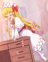 Rule 34 | 1girl, barefoot, blonde hair, blue eyes, blush, bow, crotch rub, desk, dress, fairy wings, female masturbation, hat, highres, lily white, masturbation, masturbation through clothes, red bow, solo, table humping, teoi (good chaos), touhou, white dress, wings