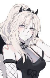 Rule 34 | 1girl, blonde hair, blush, braid, breasts, cleavage, fate/grand order, fate (series), grey eyes, hair ornament, halterneck, highres, kckhsrrr, kriemhild (fate), kriemhild (love delusion) (fate), large breasts, light frown, long hair, looking at viewer, mole, mole under eye, ponytail, shirt, simple background, sketch, sleeveless, sleeveless shirt, solo, white background