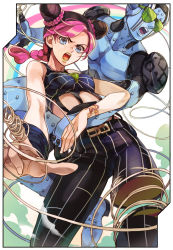 1girl apple972 black_hair blue_eyes border braid double_bun green_lips halterneck halterneck inzup jojo_no_kimyou_na_bouken kuujou_jolyne lipstick makeup multicolored_hair pink_hair stand_(jojo) stone_free string tattoo two-tone_hair wristband