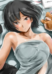 amagami bed_sheet black_hair blush bob_cut covering_privates from_above holding_hands looking_at_viewer lying murasaki_iro nanasaki_ai nude_cover on_back on_bed parted_lips pov short_hair solo_focus tan tanline