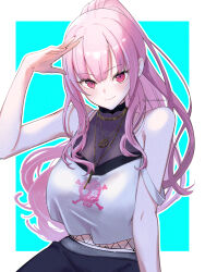 Rule 34 | 1girl, aqua background, bare shoulders, black pants, black shirt, blush, border, breasts, cleavage, closed mouth, fingernails, fishnet top, fishnets, high ponytail, highres, hololive, hololive english, jewelry, large breasts, long hair, looking at viewer, mori calliope, mori calliope (streetwear), nail polish, navel, necklace, pants, pink eyes, pink hair, pink nails, ponytail, print tank top, salute, sashimi (xoxosashimixoxo), shirt, skull print, sleeveless, sleeveless shirt, smile, solo, strap slip, tank top, twitter username, two-tone background, virtual youtuber, white background, white border, white tank top