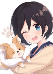1girl animal black_hair blue_eyes blue_sailor_collar blush cardigan chikuwa_(yurucamp) dog hair_between_eyes highres long_sleeves nekosination one_eye_closed open_mouth sailor_collar saitou_ena school_uniform serafuku short_hair simple_background smile solo teeth twitter_username upper_body upper_teeth_only white_background yellow_cardigan yurucamp
