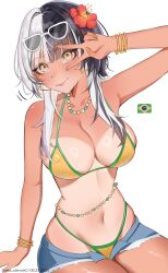1girl absurdres bikini bikini_under_shorts black_hair blunt_bangs bracelet brazilian_flag brazilian_miku brazilian_miku_(cosplay) breasts cleavage closed_mouth commentary cosplay denim denim_shorts earrings english_commentary eyewear_on_head flower frayed_shorts green_nails grey_hair hair_flower hair_ornament halterneck hand_up hatsune_miku highleg highleg_bikini highres hololive hololive_english jewelry large_breasts long_hair looking_at_viewer multicolored_hair nail_polish navel necklace open_fly salsa_dance shiori_novella short_shorts shorts simple_background sitting smile solo split-color_hair stomach sunglasses swimsuit tan v v_over_eye virtual_youtuber vocaloid white_background yellow_bikini yellow_eyes yellow_nails