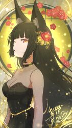 1girl :o absurdres animal_ear_fluff animal_ears black_choker black_dress black_hair blunt_bangs breasts chain choker cleavage commentary_request dress facing_to_the_side flower fox_ears fox_girl from_side gold_buckle gold_chain hair_flower hair_ornament happy_birthday highres hoshimi_miyabi jewelry kurone_sc light_particles long_hair looking_at_viewer medium_breasts pendant pendant_choker red_eyes red_flower see-through_cleavage see-through_clothes see-through_dress see-through_sleeves sidelocks strapless strapless_dress upper_body zenless_zone_zero