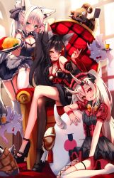 3girls absurdres ahoge animal_ear_fluff animal_ears apron black_dress black_hair black_thighhighs blurry blurry_background blush braid breasts chair cleavage commentary_request crossed_legs detached_sleeves dress earrings food fox_ears fox_girl fox_tail garter_belt green_eyes hair_between_eyes hair_ornament hairclip hatotaurus_(ookami_mio) highres holding holding_plate hololive indoors jewelry karma_(nakiri_ayame) long_hair looking_at_viewer maid maid_apron maid_headdress medium_breasts michitose_gusa monocle multicolored_hair multiple_girls nakiri_ayame omelet omurice ookami_mio open_mouth oruyanke_(shirakami_fubuki) plate pout poyoyo_(nakiri_ayame) red_dress red_eyes red_hair shirakami_fubuki shiranui_(nakiri_ayame) sidelocks single_braid single_thighhigh sitting streaked_hair tail tail_around_own_leg thighhighs twintails wariza white_hair white_thighhighs wolf_ears wolf_girl wolf_tail yellow_eyes zettai_ryouiki