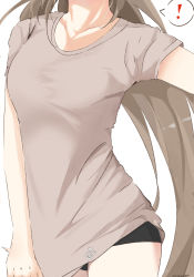 ! 1girl bike_shorts brown_hair brown_shirt casual collarbone head_out_of_frame hidden_face highres hololive hololive_english long_hair nanashi_mumei nnnnnanashiiii shirt simple_background solo t-shirt very_long_hair virtual_youtuber white_background