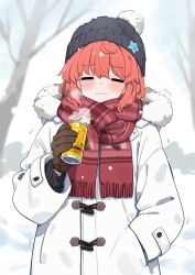 Rule 34 | 1girl, black hat, blush, boss coffee, brown gloves, closed eyes, closed mouth, coat, cold, fur-trimmed coat, fur trim, gloves, hand in pocket, hat, hat ornament, highres, holding thermos, outdoors, pom pom hat ornament, product placement, red hair, red scarf, scarf, short hair, sidelocks, snack nili, solo, star (symbol), star hat ornament, suntory, thermos, tor (snack nili), totomono, virtual youtuber, wavy mouth, white coat, winter