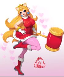1girl amy_rose amy_rose_(cosplay) animal_ears artist_logo artist_name blonde_hair blue_eyes blush boots breasts cosplay crown dress full_body gloves gold_crown hairband hammer hand_on_own_hip heart holding holding_hammer large_breasts little123blood logo long_hair mario_(series) nintendo open_mouth pantyhose pink_pantyhose pointed_crown princess_peach red_boots red_dress red_hairband short_dress sleeveless sleeveless_dress smile solo sonic_(series) teeth upper_teeth_only white_gloves