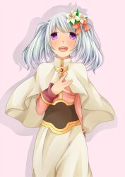 1girl acolyte_(ragnarok_online) blush capelet commentary_request cowboy_shot flower hair_flower hair_ornament long_sleeves looking_at_viewer medium_hair meiko_(nattu303) open_mouth pink_background pink_shirt purple_eyes ragnarok_online shirt simple_background skirt smile solo teeth upper_teeth_only white_capelet white_flower white_hair white_skirt