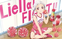 1girl absurdres arashi_chisato artbook bottle cheerleader collarbone cup double_bun drinking_straw food fruit full_body grin hair_bun highres holding holding_food indian_style indoors long_hair looking_at_viewer love_live! love_live!_superstar!! non-web_source official_art pink_skirt pom_pom_(cheerleading) red_eyes shirt shoes sitting skirt sleeveless smile solo twintails white_hair wooden_floor