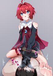 Rule 34 | 1boy, 1girl, barefoot, blue eyes, blush, boots, danjin (wuthering waves), feet, highres, iberiko (soinesitai), medium hair, open mouth, parted lips, red hair, shoes, single shoe, sitting, sitting on person, smell, smelling, soles, steam, sweat, toes, unworn boots, unworn shoes, wuthering waves