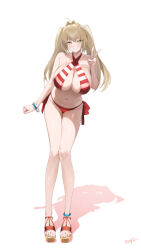 1girl :d absurdres ahoge anklet bare_arms bare_shoulders barefoot bead_anklet bead_bracelet beads bikini blonde_hair blush bracelet breasts clenched_hand collarbone criss-cross_halter dead_heat_summer_race! fate/grand_order fate_(series) full_body green_eyes hair_between_eyes hair_intakes halterneck hand_up highres jewelry kurozawa_yui large_breasts long_hair looking_at_viewer navel nero_claudius_(fate) nero_claudius_(swimsuit_caster)_(fate) open_mouth platform_sandals red_bikini sandals shadow side-tie_bikini_bottom simple_background sling_bikini_top smile solo standing striped_bikini striped_clothes swimsuit thighs toenails twintails v victory_pose white_background