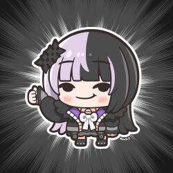 1girl black_coat black_hair chibi chibi_only closed_mouth coat grey_hair hair_ornament highres hololive hololive_english huusri looking_at_viewer multicolored_hair ribbon shiori_novella shiori_novella_(1st_costume) smile solo split-color_hair thumbs_up two-tone_hair virtual_youtuber white_ribbon yellow_eyes