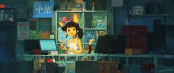 1girl :d animal_ears aquablue1992 black_eyes black_hair box bracelet cable cardboard_box cat_ears cat_tail commentary computer computer_tower counter english_commentary floppy_disk highres holding indoors jewelry microsoft_windows minifridge monitor motherboard multicolored_tail open_mouth original ponytail power_supply ram_(computer) rice_cooker shelf smile solo tail tank_top white_tank_top windows_xp