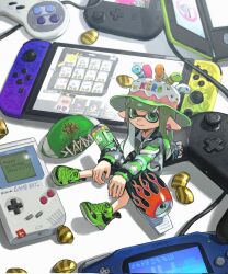 Rule 34 | 1girl, blunt bangs, cake hat, closed mouth, commentary request, controller, earrings, full body, game boy, game boy (original), game boy advance, game console, game controller, green eyes, green hair, green jacket, green shoes, grey jacket, handheld game console, highres, holding, holding weapon, inkling, inkling girl, inkling player character, jacket, jewelry, long hair, long sleeves, looking at viewer, miko (15476997), mini person, minigirl, multicolored jacket, nintendo, nintendo 3ds, nintendo switch, nintendo switch pro controller, pointy ears, range blaster (splatoon), shoes, sitting, smile, sneakers, solo, splatoon (series), splatoon 3, super nintendo, tentacle hair, weapon, wii u gamepad, zipper pull tab