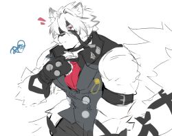 1boy animal_ears ascot black_gloves black_pants closed_mouth colored_tips commentary_request eyepatch fingerless_gloves furry furry_male gloves grey_vest highres looking_at_viewer male_focus mikiya_(mine_miki0840) multicolored_hair notice_lines one_eye_covered pants red_ascot red_eyes shirt signature sketch tail tail_belt vest von_lycaon white_shirt wolf_boy wolf_ears wolf_tail zenless_zone_zero