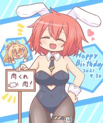 +_+ 2girls :d ^_^ animal_ears antenna_hair bad_id bad_twitter_id bare_shoulders black_leotard black_necktie blonde_hair blue_background blush breasts chibi cleavage closed_eyes collar covered_navel dated detached_collar facing_viewer hair_between_eyes hair_ornament hand_on_own_hip happy_birthday heart holding holding_knife holding_sign knife large_breasts leotard long_hair multiple_girls necktie notice_lines open_mouth original pantyhose playboy_bunny rabbit_ears red_hair reverse_(bluefencer) short_necktie sign smile sparkle strapless strapless_leotard striped_background thigh_gap white_collar wrist_cuffs