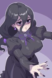 Rule 34 | 1girl, @ @, bags under eyes, black dress, black hair, breasts, corset, covered erect nipples, cowboy shot, creatures (company), dress, earrings, from above, game freak, hair between eyes, hex maniac (pokemon), hex maniac (pokemon legends: z-a), jewelry, jitome, large breasts, lips, long hair, nail polish, nintendo, open mouth, pokemon, pokemon legends: z-a, purple eyes, purple nails, solo, standing, toomy woomy
