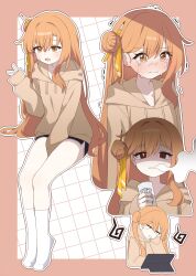 Rule 34 | 1girl, absurdres, black survival, blush, crying, eternal return: black survival, hagoonha, hair bun, highres, long hair, multiple views, open mouth, orange eyes, orange hair, shaded face, socks, tia (black survival), upper body, white socks