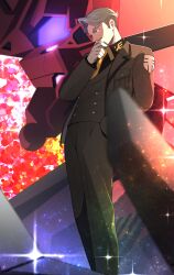 1boy absurdres beard black_shirt blurry blurry_foreground challia_bull choco_(chocovix112) closed_mouth collared_shirt commentary_request facial_hair green_jacket green_pants green_vest grey_eyes grey_hair gundam gundam_gquuuuuux hand_to_own_mouth hand_up highres jacket long_sleeves mecha mobile_suit mustache necktie pants purple_eyes red_gundam robot science_fiction shirt solo_focus thick_eyebrows vest yellow_necktie
