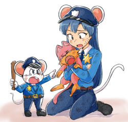 &gt;_&lt; 1boy 1girl animal animal_ears belt black_shoes blue_hair blue_hat blue_pants blue_shirt brown_belt brown_eyes cat company_connection crying facial_mark full_body hat hexagram holding holding_animal holding_baton_(weapon) holding_cat idolmaster idolmaster_(classic) kisaragi_chihaya long_hair long_sleeves mappy mappy_(character) mouse_ears mouse_tail namco open_mouth pants pointing police police_badge police_hat police_uniform shirt shoes sitting standing sweatdrop tail tsubobot whisker_markings white_background