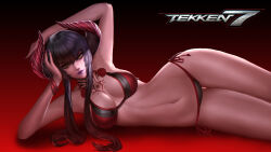 Rule 34 | 1girl, breasts, commentary, copyright name, demon horns, eliza (tekken), english commentary, highres, horns, lying, neck tattoo, on side, roke (sion), slit pupils, solo, tattoo, tekken, tekken 7, thigh gap, yellow eyes