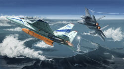 Rule 34 | absurdres, ace combat, aircraft, airplane, blue sky, cloud, commentary request, contrail, crater, f-15 eagle, fighter jet, flying, high up, highres, horizon, kudryavka trop, military, military vehicle, no humans, ocean, original, scenery, shore, signature, sky, tower, vehicle focus