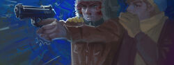 Rule 34 | 2boys, artzel19, beanie, beretta 92, blood, brown hair, commentary, english commentary, eric cartman, fur hat, gloves, green eyes, gun, hand on another&#039;s shoulder, handgun, hat, highres, holding, holding gun, holding weapon, jacket, kyle broflovski, male focus, multiple boys, nosebleed, orange jacket, red hair, red jacket, scarf, south park, ushanka, weapon, whispering, winter clothes, yellow gloves, yellow scarf