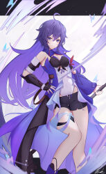 1girl absurdres ahoge arm_scarf armband bandana_around_arm black_gloves black_shorts breasts cleavage covered_navel fingerless_gloves gauntlets gloves hand_on_own_hip highres holding holding_weapon honkai:_star_rail honkai_(series) leotard letterboxed long_hair looking_at_viewer medium_breasts outside_border pisuke_(user_kcmh2774) purple_eyes purple_hair purple_scarf red_armband scarf seele_(honkai:_star_rail) short_shorts shorts sidelocks signature single_fingerless_glove single_gauntlet smile solo thigh_gap thigh_strap weapon white_background white_leotard