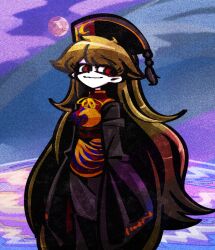 Rule 34 | 1girl, black dress, blonde hair, breasts, chinese clothes, crescent, dalachi (headdress), dress, full moon, hair between eyes, hat, junko (touhou), lake, long hair, long sleeves, looking to the side, moon, pom pom (clothes), red eyes, solo, suenari (peace), tabard, touhou, very long hair, wide sleeves