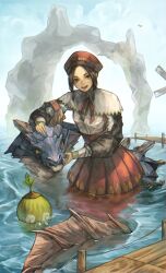 Rule 34 | 1girl, beret, black sleeves, blue scales, bridge, brown eyes, brown hair, capelet, character name, colored sclera, guild sweetheart, hat, highres, malomalobear, monster, monster hunter (series), monster hunter 3, open mouth, red hat, smile, solo, teeth, upper teeth only, water, white capelet, yellow sclera
