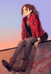 Rule 34 | 1girl, artist name, black shirt, blue pants, boots, breasts, brown boots, brown eyes, brown hair, claire redfield, denim, ericson blum, full body, graffiti, highres, jacket, jeans, jewelry, long hair, long sleeves, looking afar, medium breasts, necklace, outdoors, pants, parted bangs, parted lips, ponytail, red jacket, resident evil, resident evil 2, shirt, sitting, skull and crossbones, solo, watch, wristwatch