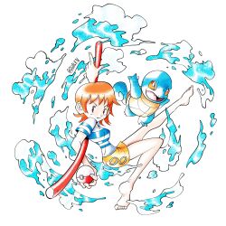 1girl absurdres bare_legs barefoot dwalkn fangs full_body game_freak gen_1_pokemon highres holding holding_poke_ball holding_staff leg_up nami_(one_piece) nami_(one_piece)_(east_blue) nintendo one_piece orange_eyes orange_hair poke_ball pokemon shirt short_hair skirt smile squirtle staff striped_clothes striped_shirt sugimori_ken_(style) t-shirt twitter_username v-neck water white_background yellow_skirt