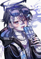 1boy absurdres bandaged_neck bandages bandaid bandaid_on_face bandaid_on_nose black_hair black_hoodie blush candy chocolate chocolate_bar commentary_request eyewear_on_head fang food hair_ornament hairclip halo highres holding holding_chocolate holding_food hood hood_down hoodie long_sleeves looking_at_viewer male_focus melting_halo multicolored_hair nail_polish open_clothes open_hoodie open_mouth original purple_eyes purple_halo purple_nails skin_fang solo sunglasses suzaku_(zaku6584) two-tone_hair upper_body white_background white_hair x_hair_ornament