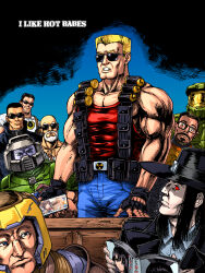 Rule 34 | 6+boys, armor, bald, beard, biceps, black gloves, black hair, black hat, black jacket, blonde hair, blood (game), blue archive, blue eyes, blue pants, book, caleb (blood), cellphone, collarbone, collared shirt, commentary, deus ex, doom (series), doomguy, duke nukem, duke nukem (series), english commentary, english text, explosive, facial hair, fingerless gloves, freedom of speech, fuuka (blue archive), game screenshot inset, glasses, gloves, gordon freeman, green armor, grenade, grey helmet, grey shirt, half-life (series), halo (series), hat, helmet, highres, holding, holding book, holding phone, jacket, jc denton, large pectorals, lo wang, male focus, master chief, multiple boys, muscular, muscular male, pants, pectorals, phone, quake (series), ranger (quake), reading, red eyes, red tank top, sam stone, serious sam, shadow warrior, shirt, short hair, sitting, smartphone, standing, substance20, sunglasses, t-shirt, tank top, teeth, white beard, white shirt, yellow helmet