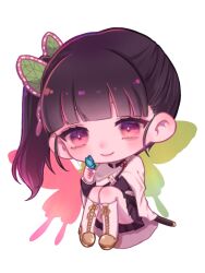 1girl black_hair blush boots bug butterfly butterfly_hair_ornament butterfly_on_hand eyelashes hair_ornament highres insect kimetsu_no_yaiba long_hair looking_at_animal mi_oxo_9m sitting smile solo sword tsuyuri_kanao weapon white_boots