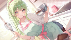1girl apron blue_shorts blush bowl chocolate collarbone green_apron green_eyes green_hair holding holding_bowl holding_whisk kitchen korinun_0234 long_hair mixing_bowl original pantyhose pink_ribbon pink_scrunchie pocket ribbon scrunchie shirt short_shorts shorts smile stove valentine whisk white_shirt