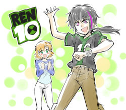Rule 34 | 1boy, 1girl, ben 10, ben tennyson, ben tennyson (cosplay), blush stickers, clothes writing, cosplay, gwen tennyson (cosplay), gwen tennyson, iesupa, lie ren, navel, nora valkyrie, omnitrix, out of character, pun, rwby, smile